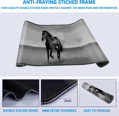 Black Horse Gaming Desk Mat, Personalized Mouse Pad with Non-Slip Rubber Base and Stitched Edges, 31.5 x 15.7 Inch