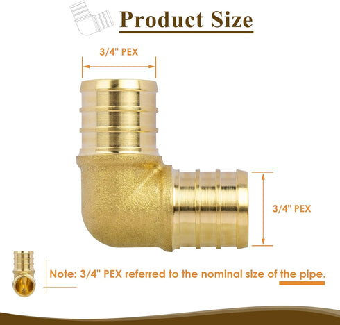 90 Degree 3/4" PEX Elbow, Durable Brass Crimp Fitting for Plumbing Repairs (5 Pack)