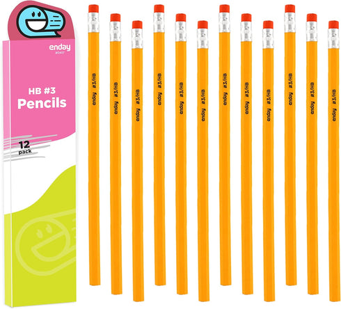 Enday Pencil #3 Yellow, Best Wood Cased Unsharpened Number 3 Drawing Pencils with Latex Free Eraser, 12 Pencils Box for