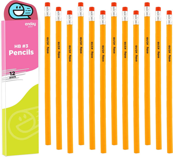Enday Pencil #3 Yellow, Best Wood Cased Unsharpened Number 3 Drawing Pencils with Latex Free Eraser, 12 Pencils Box for