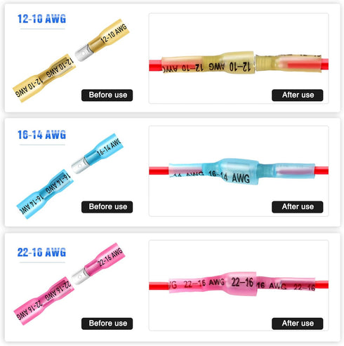 Nilight - 50027R 250 PCS Heat Shrink Spade Connectors, Fully Insulated Male and Female Wire Spade Terminals