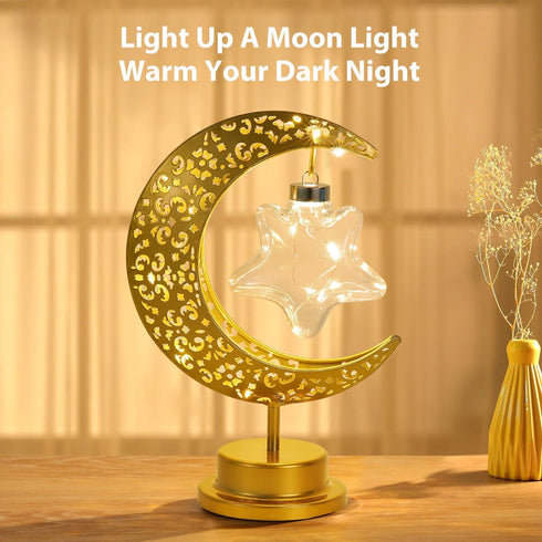 Decorative Table Lamp, Battery Powered Ramadan Desk Lamp Decorations Crescent Table Light Lunar Star Moon Lantern for Bedside Nightstand Desktop Kid's Room Party, Eid Mubarak Decor, Warm Light by Lewondr
