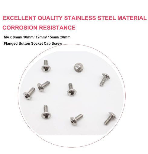 cSeao 100pcs Flanged Button Head Socket Cap M4 Screws Kit, M4x8mm/10mm/12mm/15mm/20mm, 304 Stainless Steel