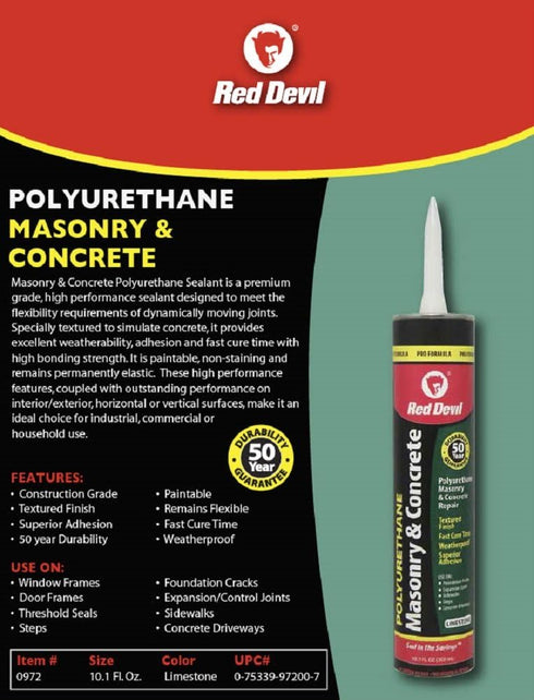 Red Devil 0972 Masonry & Concrete Polyurethane Sealant, 10.1 Oz, Gray - Limestone, 1 Pack