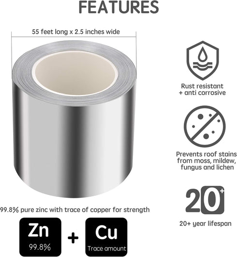 Zinc Metal Strip for Roof and Garden - 55 Feet x 2.5 Inches to Prevent Roofing Stains
