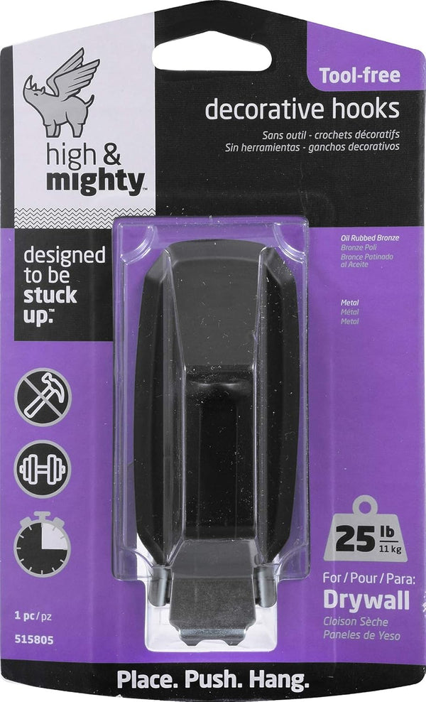 HIGH & MIGHTY 515805 Decorative Metal Hook, Easy Tool-Free Dry Wall Installation, Bronze, Holds up to 25lb