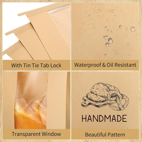 120 132 14x8.3x3.5in Packaging Bread Bags for Homemade Bread, Sourdough Bread Bags with Tin Tie Tab Lock and Stickers