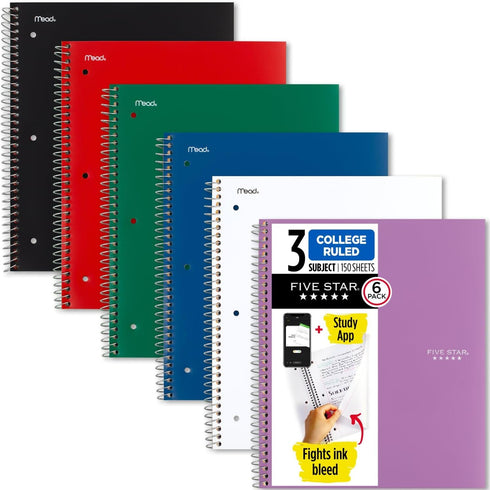 Five Star Spiral Notebooks Plus Study App, 6 Pack, 3 Subject, College Ruled, 150 Sheets, Black, Red, Green, Blue,