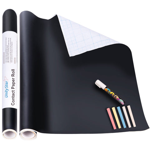 UnityStar Chalk Paper, 17.7" X 78.7" Adhesive Chalkboard Contact Paper with 1 Liquid Chalk Marker & 5 Colors Chalks