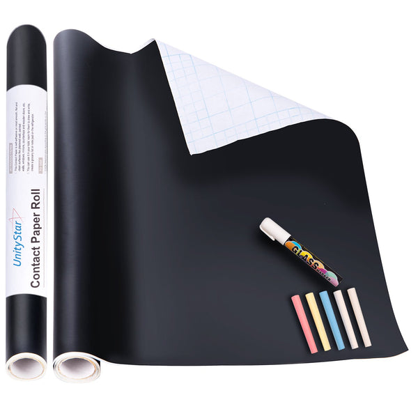 UnityStar Chalk Paper, 17.7" X 78.7" Adhesive Chalkboard Contact Paper with 1 Liquid Chalk Marker & 5 Colors Chalks