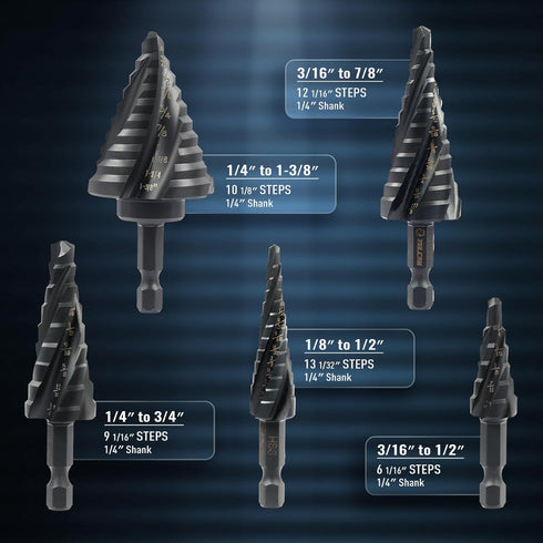 ZELCAN Step Drill Bit Set, 5PCS Titanium-Coated HSS Bits, 50 Sizes for Metal, 1/4" Hex Shank