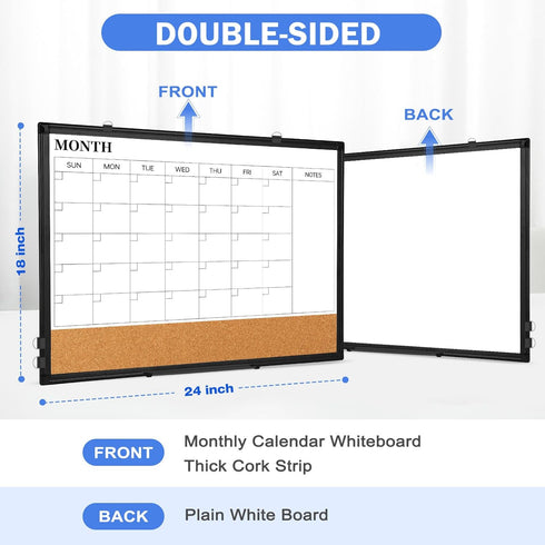 Monthly Calendar Whiteboard Dry Erase Cork Board Combo, 24" x 18" Magnetic Double-Sided Board