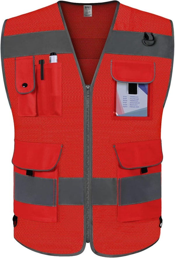 TCCFCCT Mesh Work Vest for Men Women High Visibility Safety Vest with 9 Pockets, Hi Vis Reflective (Red, 4X-Large)