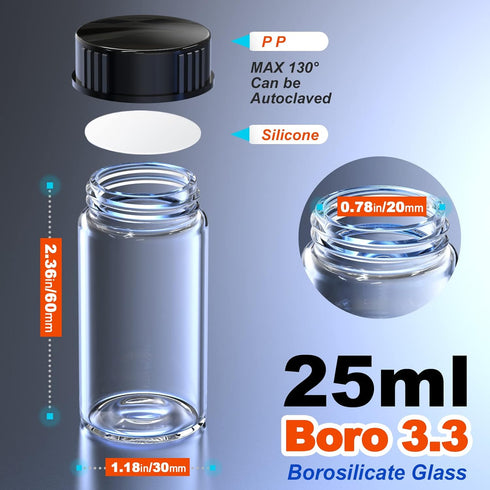 Glass Sample Vials,Wide Mouth Glass Bottle Boro 3.3 with Black Cap for laboratory,reagents bottle,leaf teas, spices,herbs, medication,paint,DIY Craft vials with sticker & Funnel (30mm 25ml 8pcs) by ZHANXUBIO