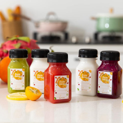 45pcs 4oz TOMNK Juice Bottles with Caps, Plastic Containers with Lids Empty Reusable Clear Ginger Shots Bottles