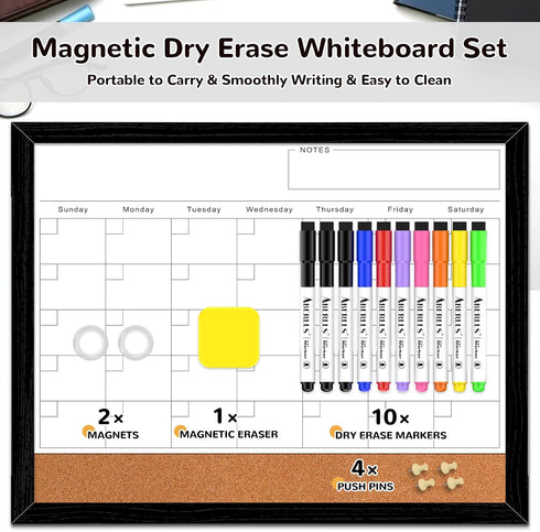 Monthly Calendar Dry Erase Board for Wall, 17"x13" Whiteboard with Black Wood Frame, 2in1 Cork Board Combo