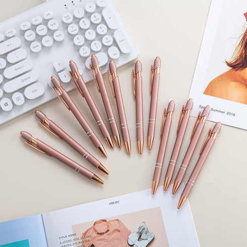 PASISIBICK 12 Pieces Rose Gold Ballpoint Pen with Stylus Tip, 2 in 1 Stylish Metal Pens for Touch Screens, 1.0 mm Black