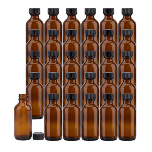 Bekith 30 Pack 2 oz Boston Round Glass Bottles with Black Caps, Amber