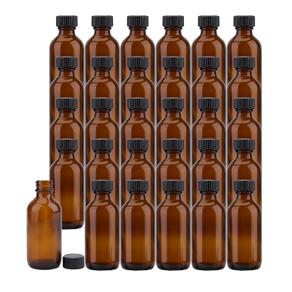 Bekith 30 Pack 2 oz Boston Round Glass Bottles with Black Caps, Amber