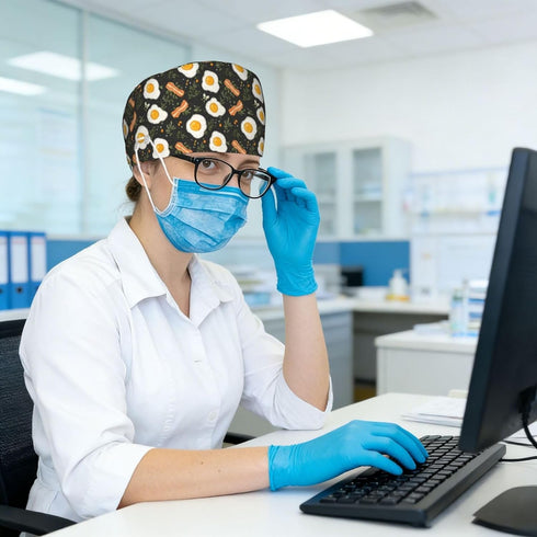 Nurse Scrub Cap Men Women with Buttons - Egg Bacon Leaves Print Soft Comfy Surgical Cap, Adjustable Tie Back Scrub