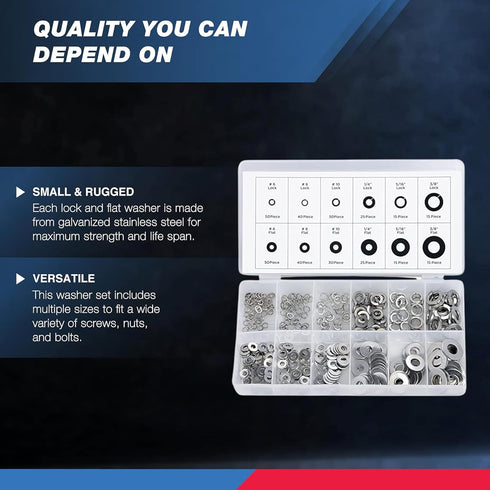 NEIKO 50400A Stainless Steel Lock and Flat Washer Assortment - 350 Piece Set, 12 Different Sizes in Spring Lock and