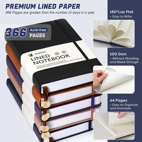 Lined Journal Notebook, 366 Pages, Leather Hardcover Journals for Writing Thick A5 College Ruled Classic Notebook with Pen Loop, 100Gsm Daily Journal for Women Men Travel Business Work Office