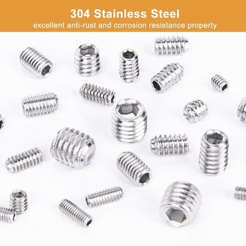 VIGRUE 1105PCS 25 Sizes Metric & SAE Set Screw Assortment Kit, 304 Stainless Steel, M3 to M8 and 1/8-40 to 5/16-18