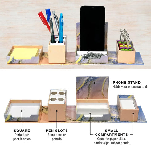 Global Printed Products Designer Printed Folding Desk Organizer, Includes Phone Stand, Small Compartments, Pen Holder,
