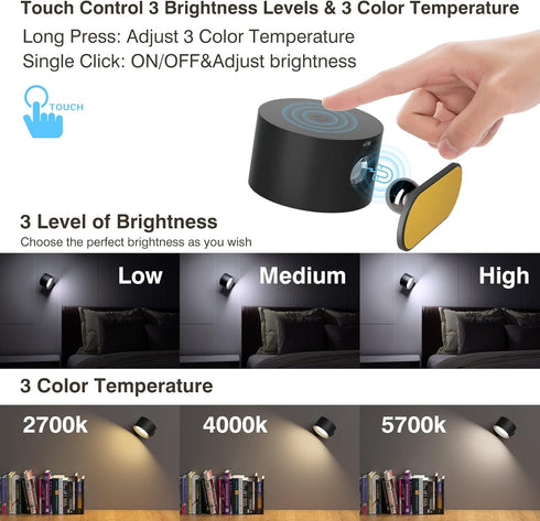 3 3 360 AKSDA LED Reading Lights, Wall Mounted Sconces with Color Temperatures & Brightness Levels, Rechargeable