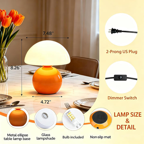 3-Way Dimmable Dimmable Orange Mushroom Lamp - Plug Powered Small Desk Table Lamp with Ambient, Night Light