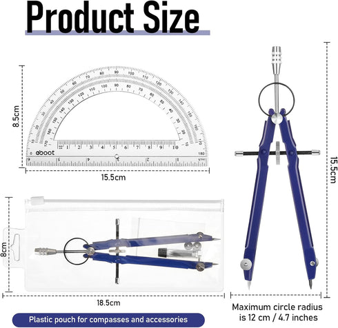 EBOOT Student Geometry Math Set, Drawing Compass and 6 Inch Clear Swing Arm Protractors for 180 Degree (Blue)