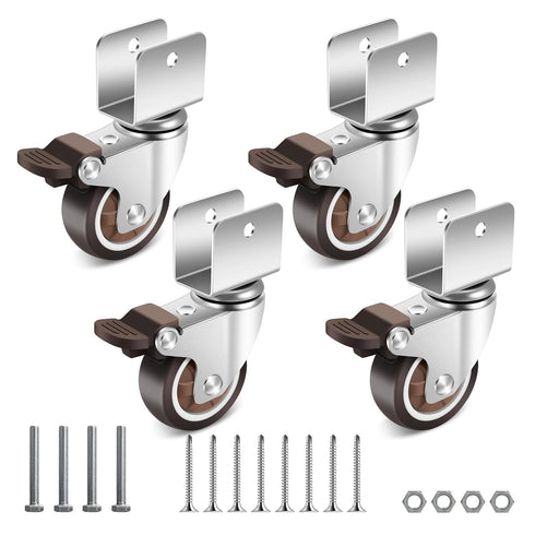 Nefish 2 Inch Caster Wheels with 3/4” U Bracket, Small Rubber Casters Set of 4 with Brake, 360 Degree Swivel