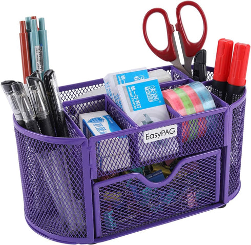 EasyPAG Desk Organizer, Mesh Caddy with Drawer for Office Supplies, Purple