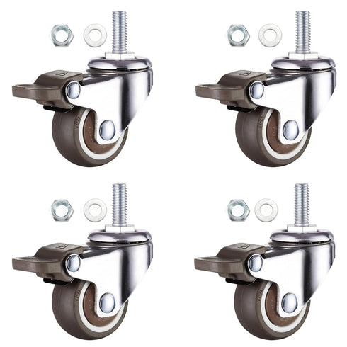 1 Inch Caster Wheels with M6 Threaded Stem - Set of 4 Small Swivel Casters with Brakes for Furniture and Shopping Carts