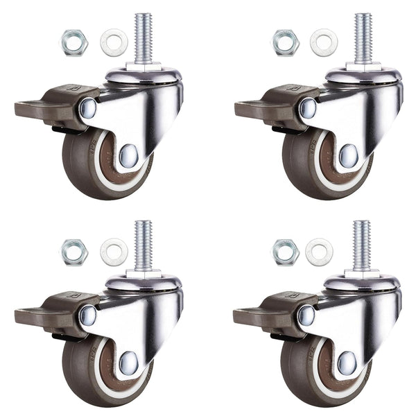 1 Inch Caster Wheels with M6 Threaded Stem - Set of 4 Small Swivel Casters with Brakes for Furniture and Shopping Carts