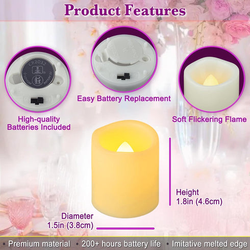 24 Pack 1.5" x 1.8" Flameless Flickering Battery Operated Tea Lights, LED Votive Candles for Decorations