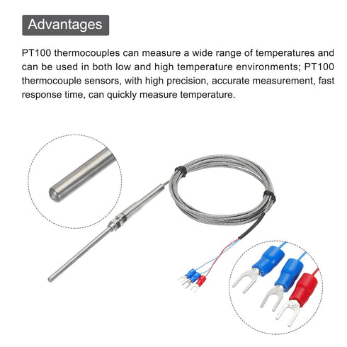 MECCANIXITY 2pcs PT100 RTD Thermocouple Stainless Steel M8 Temperature Sensor Probe -50 to 1300C, 10ft, 5x100mm