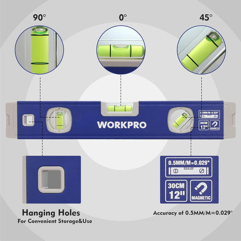 3-Piece Set (12", 20", 40") 12" 45/90/180 WORKPRO Spirit Level with Magnetic Torpedo Level, Bubbles Measuring, Open Top