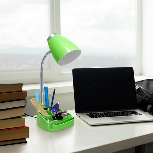 LD1067-GRN Simple Designs Compartmental Desk Lamp with iPhone/iPad/Tablet Stand, Bendable Gooseneck, for Office, Living