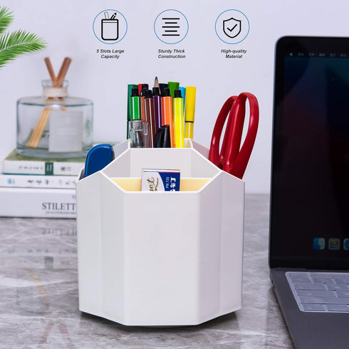 Desk Pencil Pen Holder, 360-Degree Rotating 5 Grid Organizer for Desktop Storage, Home, Office, School, Kids, White