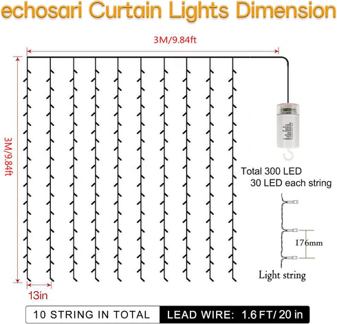 300 9.8ft9.8ft echosari LED Curtain Lights Battery Operated, Hanging Light with Remote Timer Fairy Curtain Lights