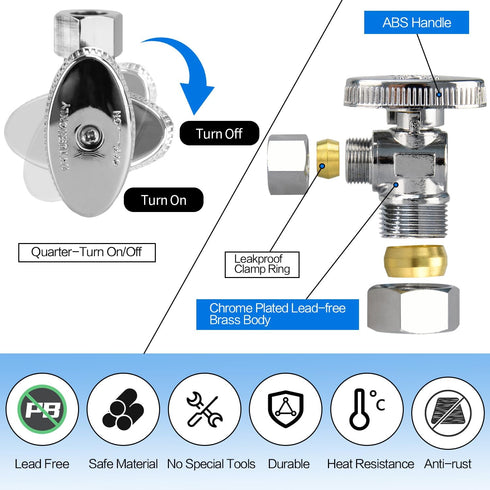 1/2" 3/8" Angle Stop Valve, Chrome Plated Brass for Kitchen, Faucet, Toilet Valves, 1/4 Turn