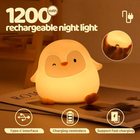 Dimmable 30-Min 50H/12H Rytinazzz Penguin Silicone Night Light, Tap Control Soft Nightlight with Timer, Long Battery