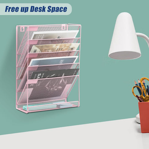 EASEPRES Wall File Holder Organizer - Cute Pink 5 Tier Hanging File Rack for Home Office Supplies