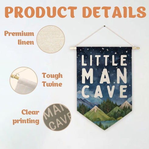 ArtisaEura Little Man Cave Wall Canvas Banners, Mountain Nursery Decor, Woodland Mountain Landscape Hanging Display