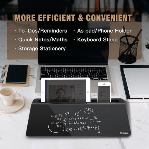 SELEAD Desktop Glass Whiteboard with Organizer, Markers, Eraser - Dry Erase Board with Drawer and Holder for Home,