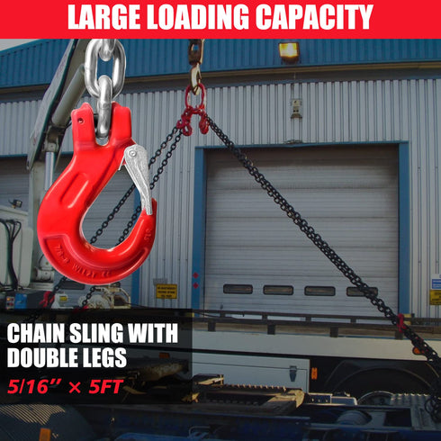6600LBS Double Leg Chain Sling with Hooks, 5Ft 5/16" G80 Alloy Steel 2 Leg Chain Sling