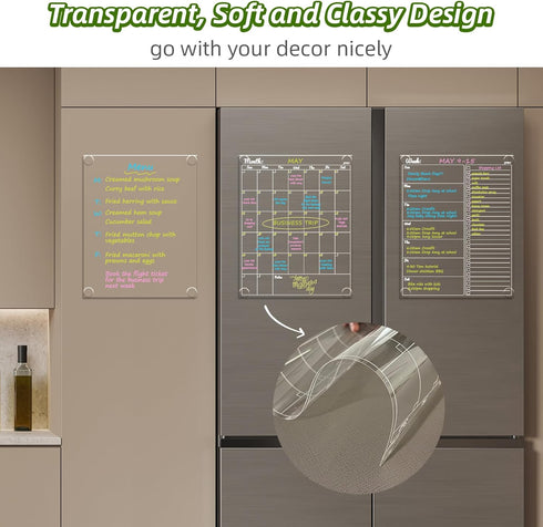JJPRO Non-Magnetic Dry Erase Calendar for Fridge, Reusable Monthly & Weekly Planning Board Bundle for Smooth Surfaces