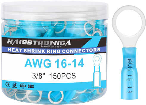 haisstronica 150PCS Heat Shrink Ring Terminals 3/8" Marine Grade Wire Connectors, Blue AWG 16-14 Gauge