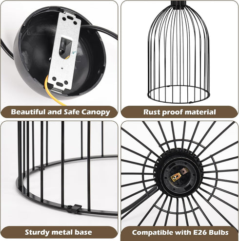 E26 Bulb), Black Decorative Birdcage Industrial Chandelier Modern Metal Cage Pendant Light Fixture, Base (No Assembly